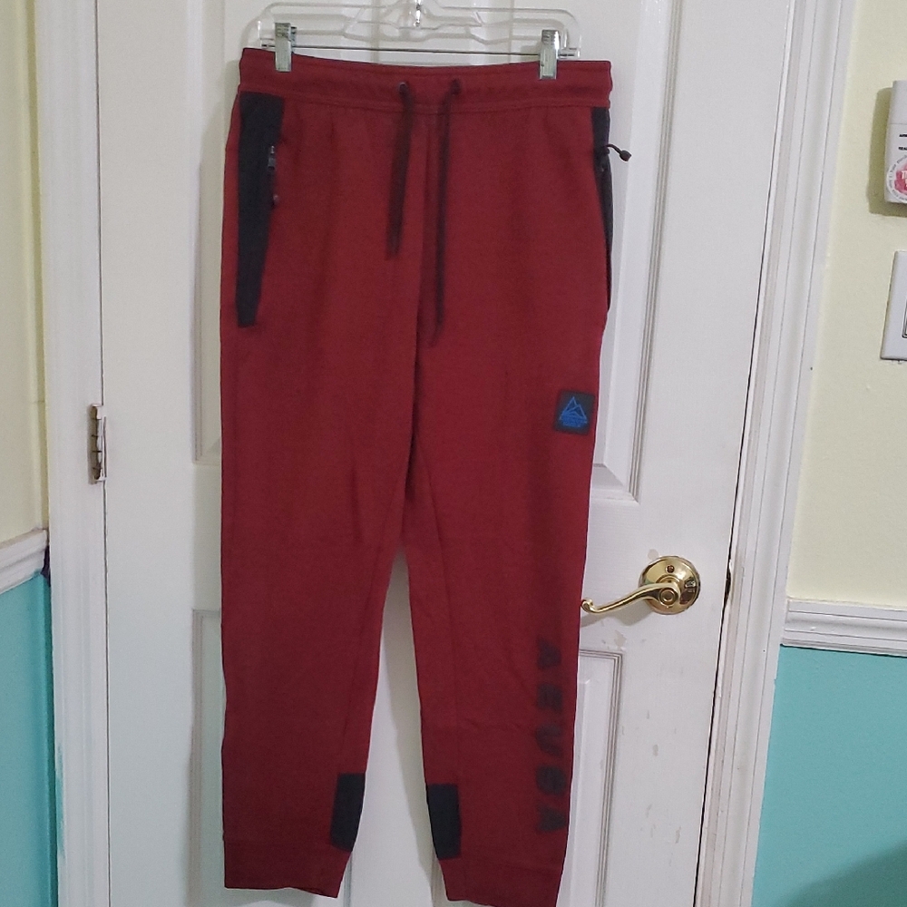 American Eagle Burgundy & Black Zippered Pockets Logo Pull On Jogger Pants M